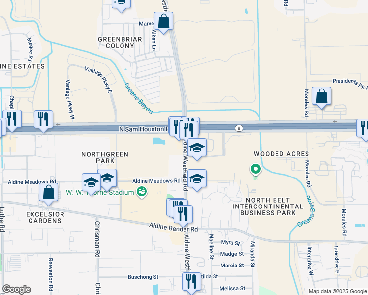 map of restaurants, bars, coffee shops, grocery stores, and more near 1950 North Sam Houston Parkway East in Houston