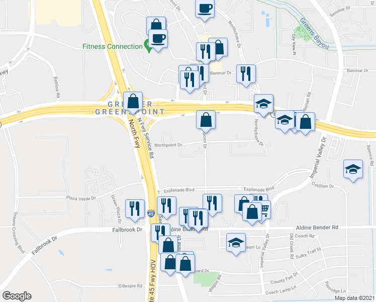 map of restaurants, bars, coffee shops, grocery stores, and more near 90 Northpoint Drive in Houston