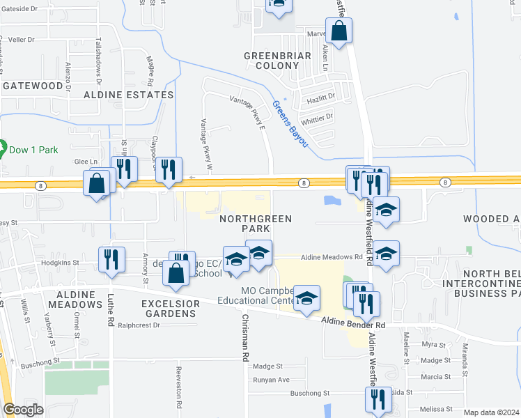 map of restaurants, bars, coffee shops, grocery stores, and more near 1500 North Sam Houston Parkway East in Houston