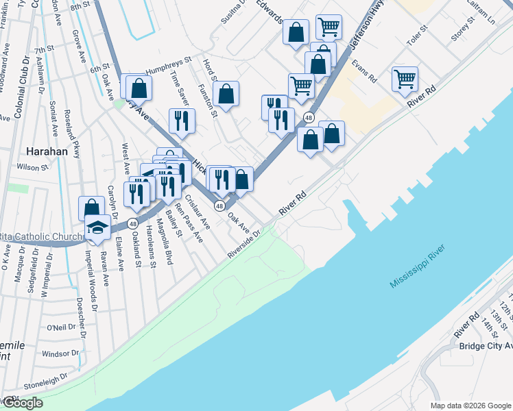 map of restaurants, bars, coffee shops, grocery stores, and more near 42 Hickory Avenue in Harahan