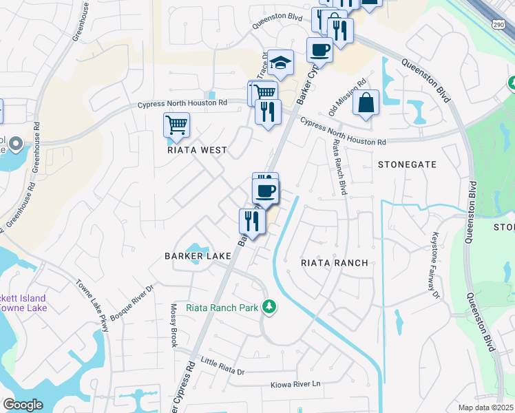 map of restaurants, bars, coffee shops, grocery stores, and more near 10896 Barker Cypress Road in Cypress