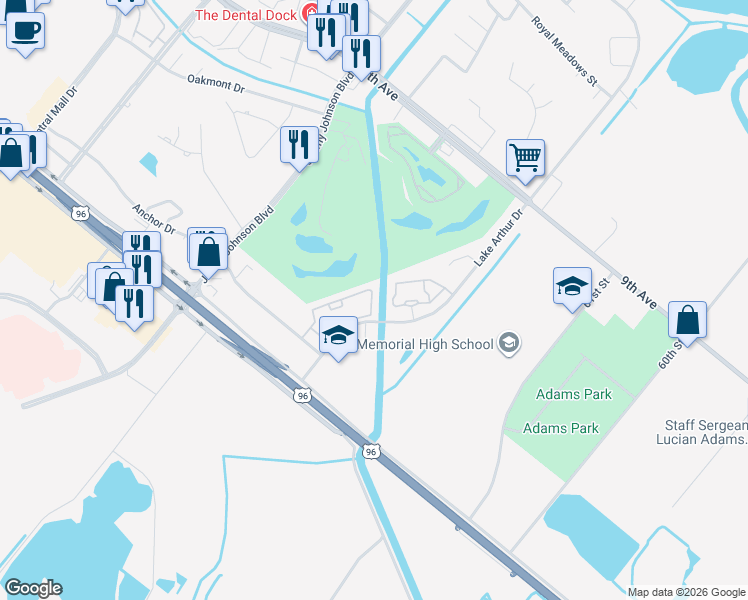 map of restaurants, bars, coffee shops, grocery stores, and more near 3035 Lake Arthur Drive in Port Arthur