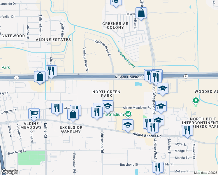 map of restaurants, bars, coffee shops, grocery stores, and more near 1500 North Sam Houston Parkway East in Houston