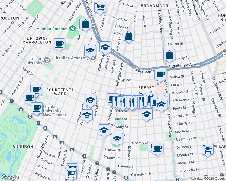 map of restaurants, bars, coffee shops, grocery stores, and more near 2436 Jefferson Avenue in New Orleans