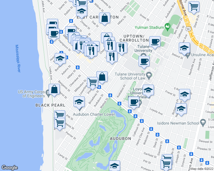 map of restaurants, bars, coffee shops, grocery stores, and more near 624 Audubon Street in New Orleans