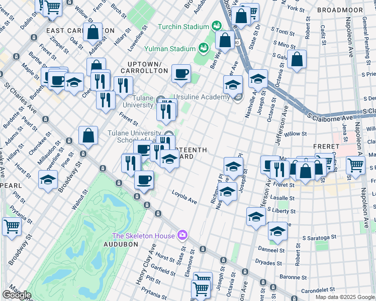 map of restaurants, bars, coffee shops, grocery stores, and more near 2115 Calhoun Street in New Orleans