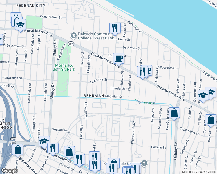 map of restaurants, bars, coffee shops, grocery stores, and more near 1723 Tita Street in New Orleans