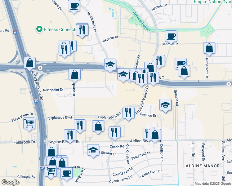 map of restaurants, bars, coffee shops, grocery stores, and more near 16416 Northchase Drive in Houston