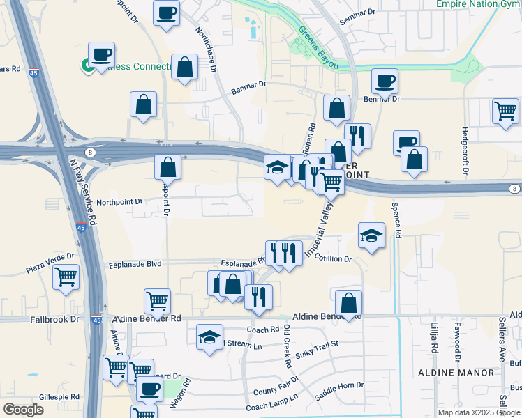 map of restaurants, bars, coffee shops, grocery stores, and more near 16416 Northchase Drive in Houston