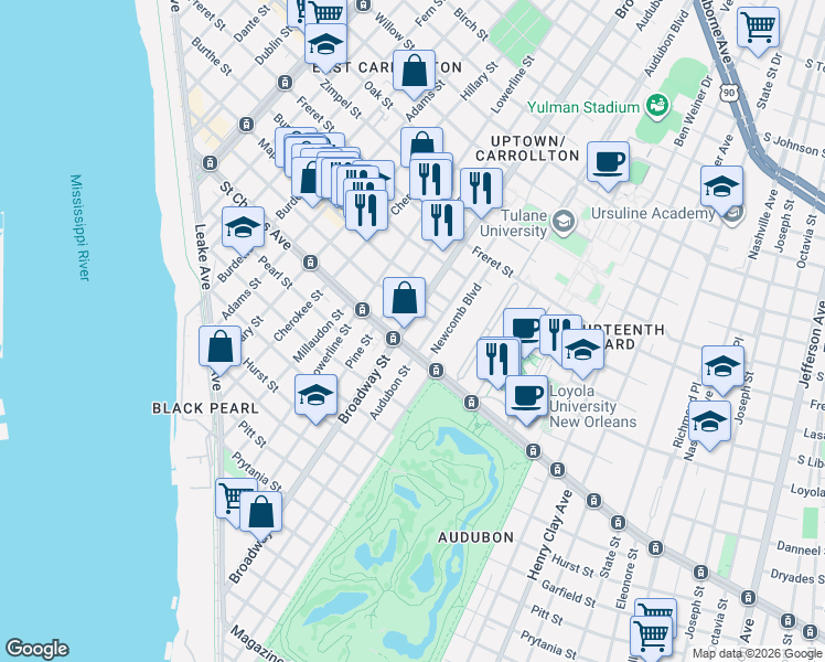 map of restaurants, bars, coffee shops, grocery stores, and more near 7107 Saint Charles Avenue in New Orleans