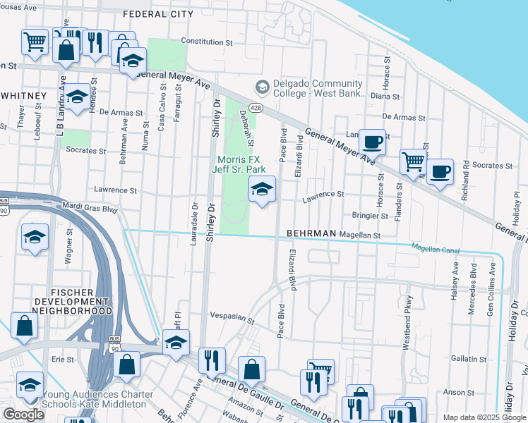 map of restaurants, bars, coffee shops, grocery stores, and more near 2701 Lawrence Street in New Orleans