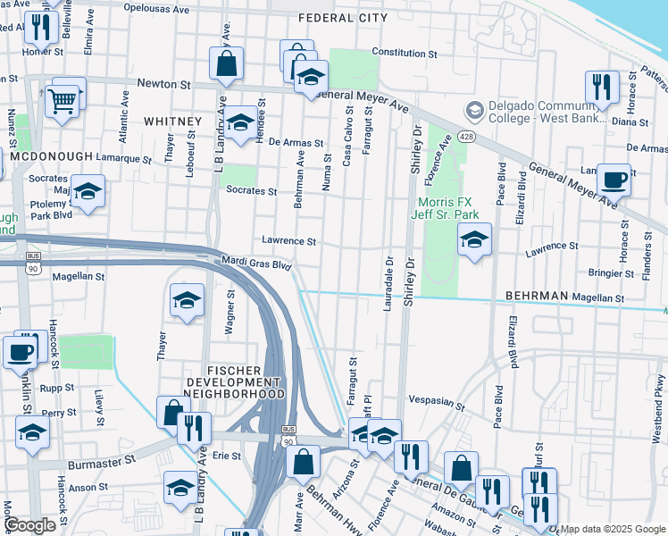 map of restaurants, bars, coffee shops, grocery stores, and more near 1750 Numa Street in New Orleans