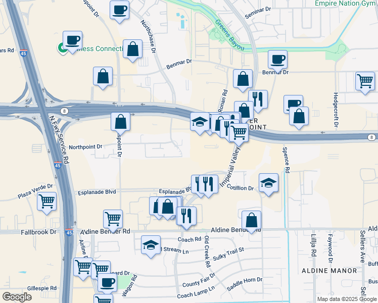 map of restaurants, bars, coffee shops, grocery stores, and more near 16416 Northchase Drive in Houston