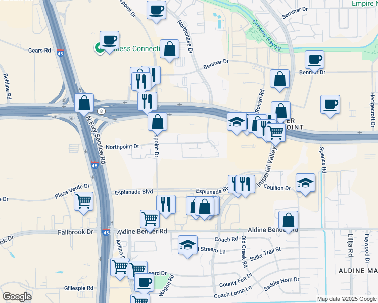 map of restaurants, bars, coffee shops, grocery stores, and more near 220 Northpoint Drive in Houston