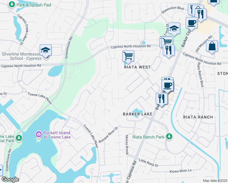 map of restaurants, bars, coffee shops, grocery stores, and more near 10806 Dawn River Court in Cypress