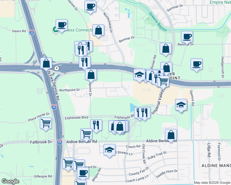map of restaurants, bars, coffee shops, grocery stores, and more near 220 Northpoint Drive in Houston