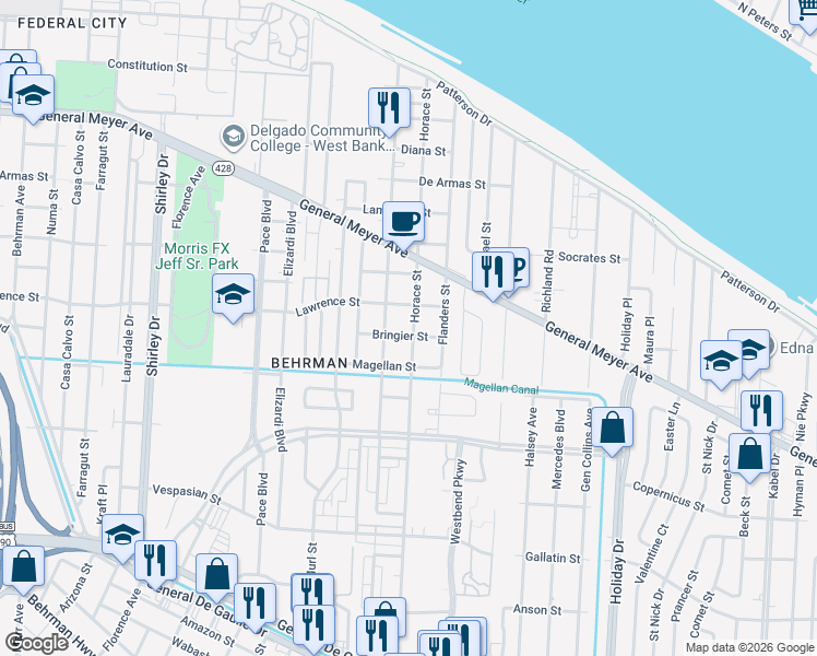map of restaurants, bars, coffee shops, grocery stores, and more near 1716 Odeon Avenue in New Orleans
