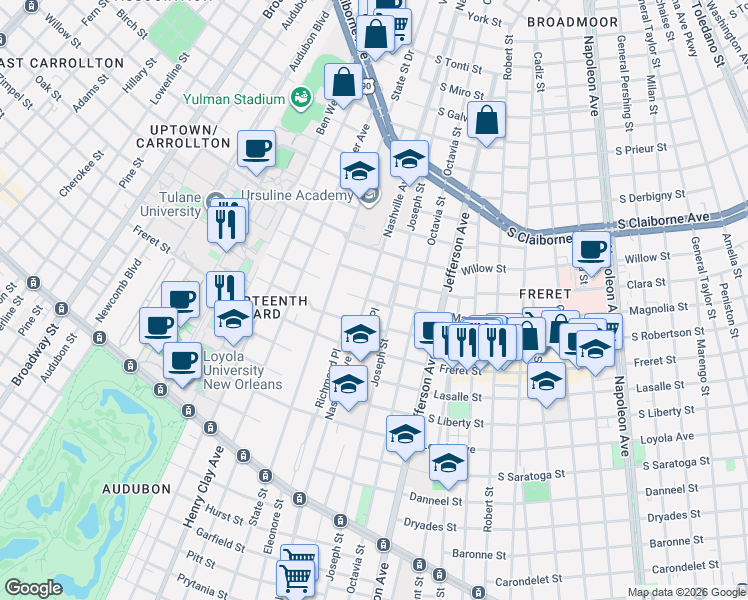 map of restaurants, bars, coffee shops, grocery stores, and more near 2308 Wirth Place in New Orleans