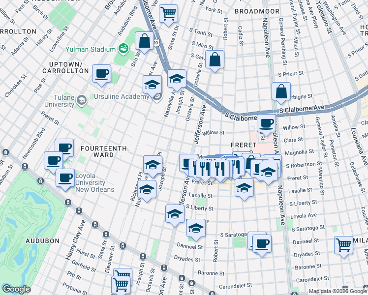 map of restaurants, bars, coffee shops, grocery stores, and more near 2436 Jefferson Avenue in New Orleans