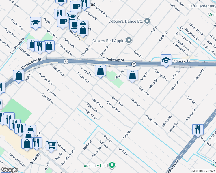 map of restaurants, bars, coffee shops, grocery stores, and more near 3125 Charles Avenue in Groves