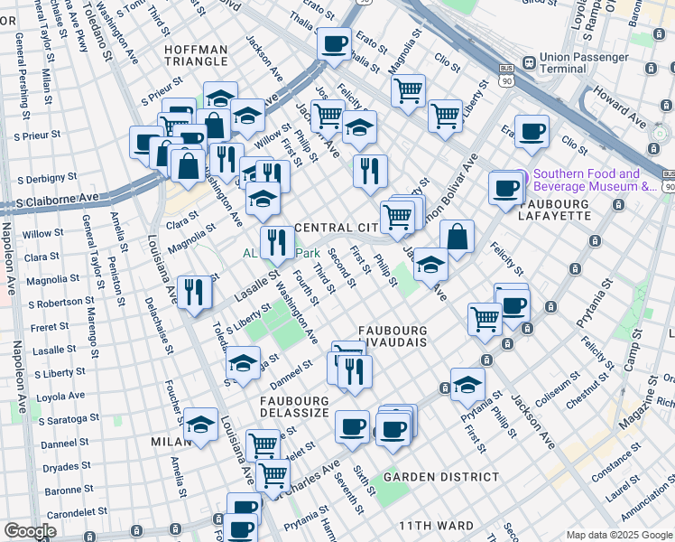 map of restaurants, bars, coffee shops, grocery stores, and more near 2216 Third Street in New Orleans