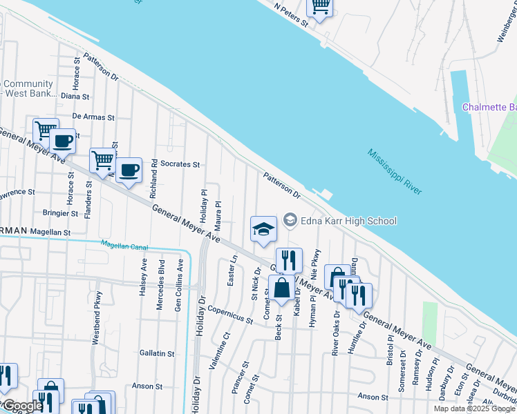 map of restaurants, bars, coffee shops, grocery stores, and more near 1587 Steeple Chase Lane in New Orleans
