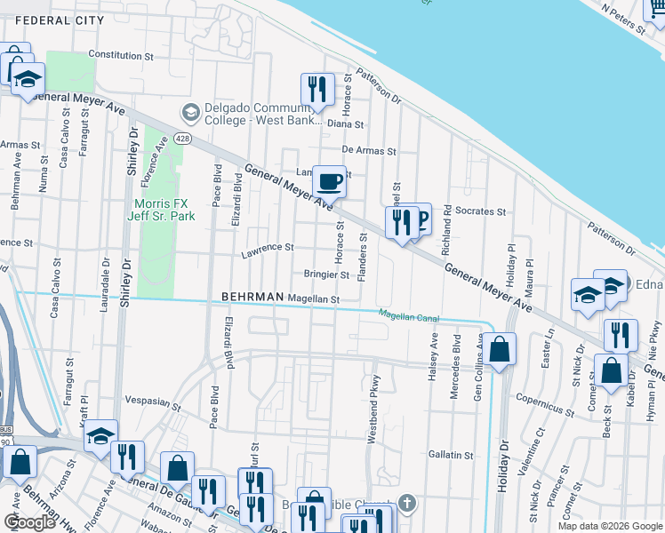 map of restaurants, bars, coffee shops, grocery stores, and more near 1716 Odeon Avenue in New Orleans