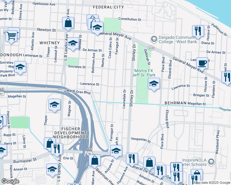 map of restaurants, bars, coffee shops, grocery stores, and more near 1647 Farragut Street in New Orleans