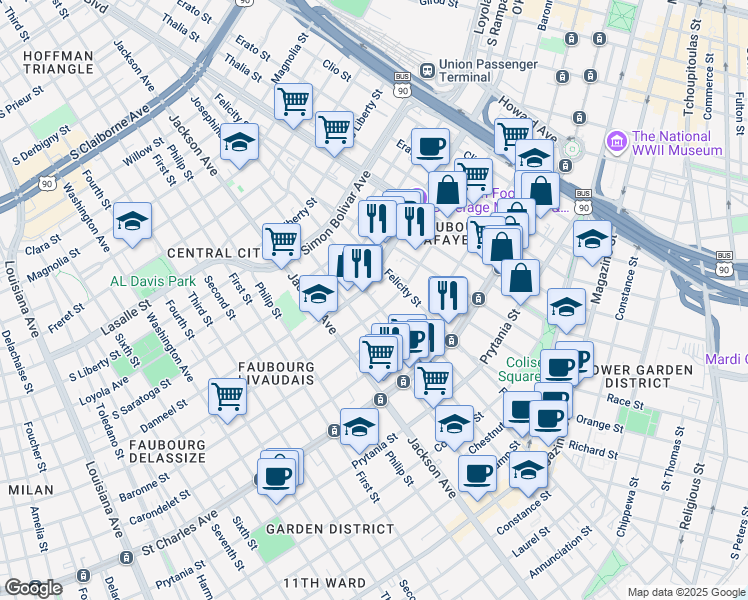 map of restaurants, bars, coffee shops, grocery stores, and more near 2020 Baronne Street in New Orleans