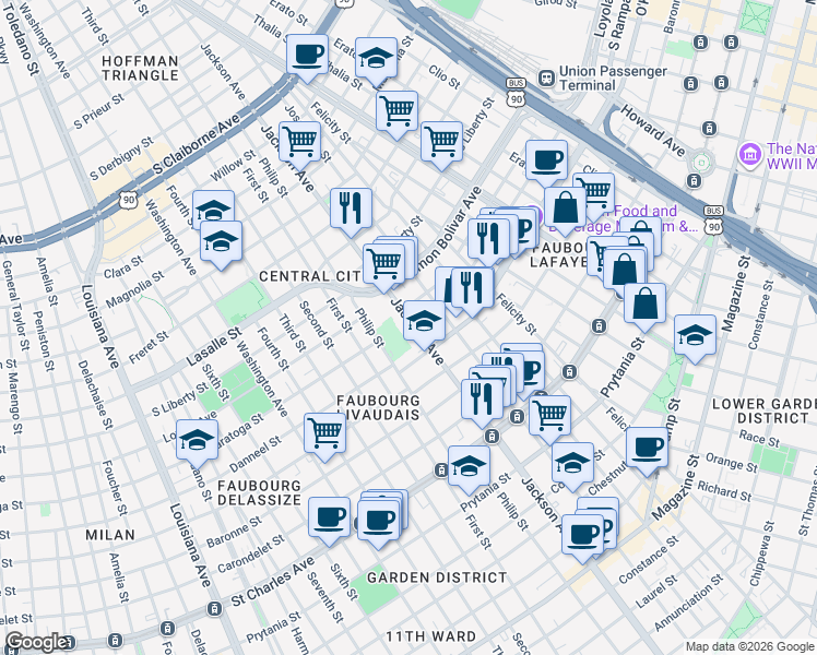map of restaurants, bars, coffee shops, grocery stores, and more near 2220 Danneel Street in New Orleans