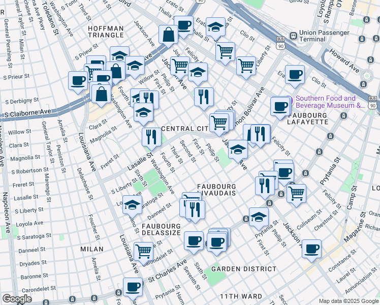 map of restaurants, bars, coffee shops, grocery stores, and more near 2154 Second Street in New Orleans