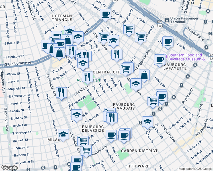 map of restaurants, bars, coffee shops, grocery stores, and more near 2216 Third Street in New Orleans
