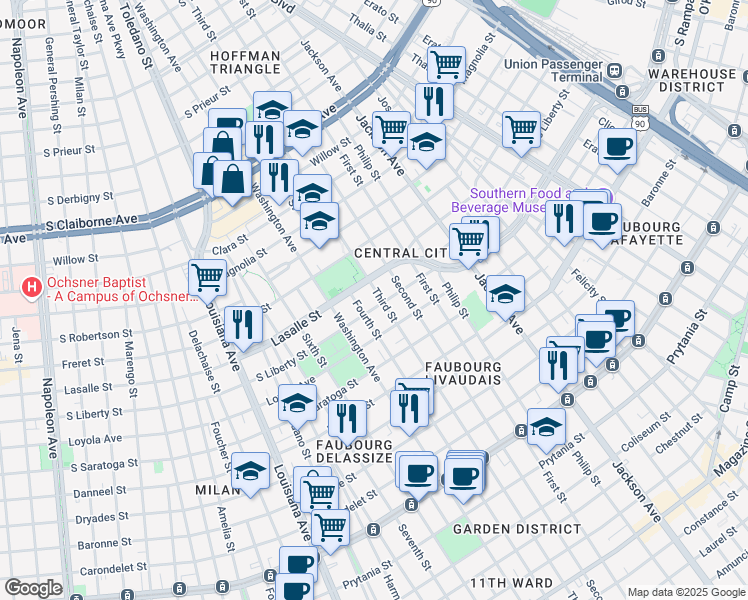 map of restaurants, bars, coffee shops, grocery stores, and more near 2216 Third Street in New Orleans