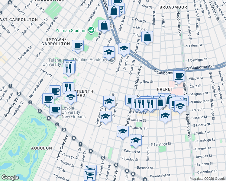 map of restaurants, bars, coffee shops, grocery stores, and more near 2308 Wirth Place in New Orleans