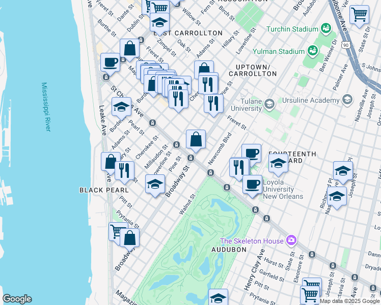 map of restaurants, bars, coffee shops, grocery stores, and more near 7214 Saint Charles Avenue in New Orleans