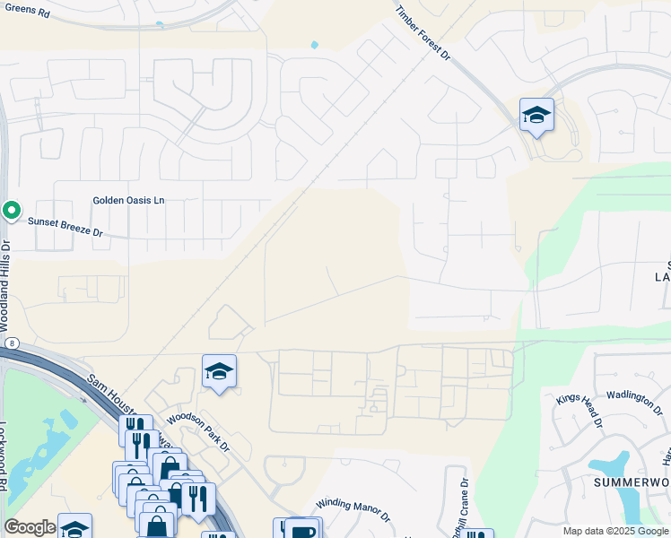 map of restaurants, bars, coffee shops, grocery stores, and more near Summer Lake Ranch Drive in Houston