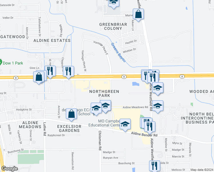 map of restaurants, bars, coffee shops, grocery stores, and more near 1500 North Sam Houston Parkway East in Houston