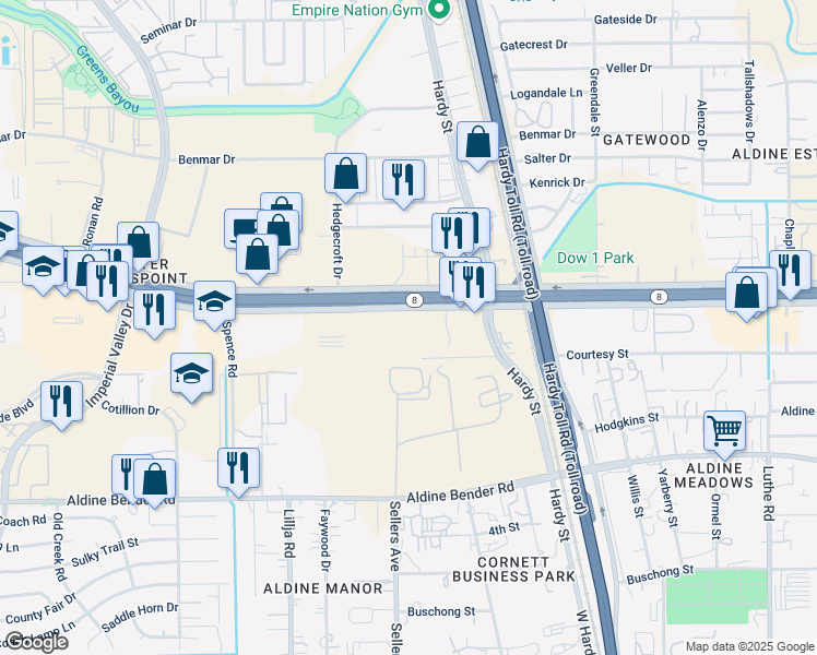 map of restaurants, bars, coffee shops, grocery stores, and more near 702 N Sam Houston Pkwy E in Houston