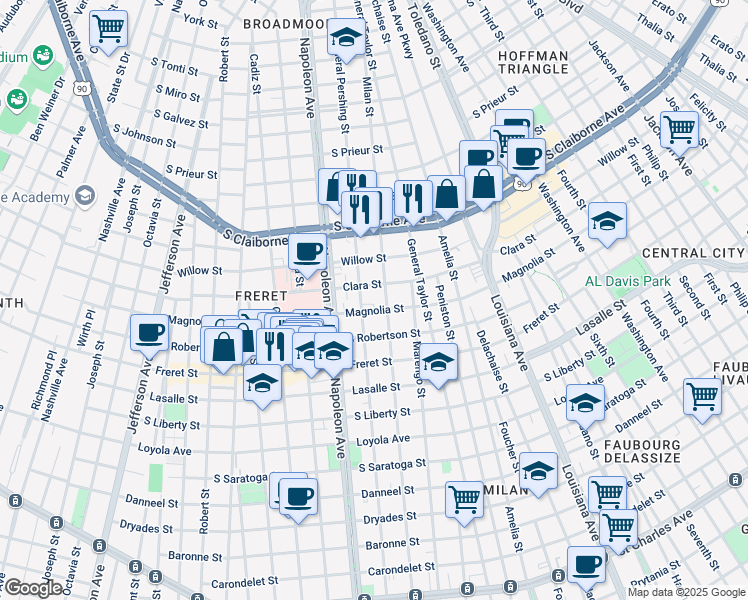 map of restaurants, bars, coffee shops, grocery stores, and more near 2630 General Pershing Street in New Orleans
