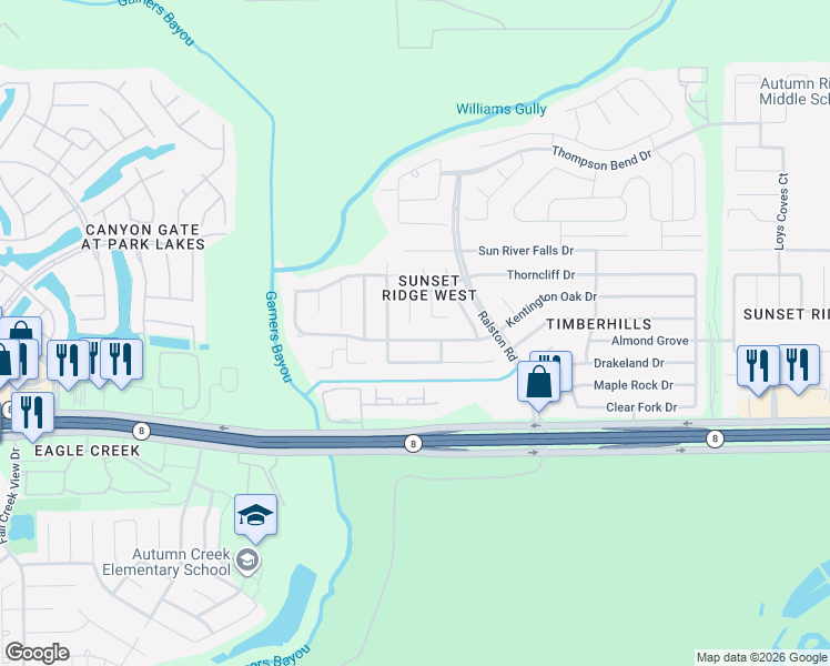 map of restaurants, bars, coffee shops, grocery stores, and more near 10439 Harbor Canyon Drive in Humble
