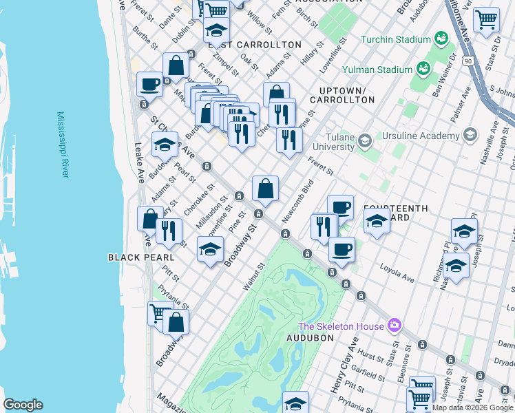 map of restaurants, bars, coffee shops, grocery stores, and more near 7214 Saint Charles Avenue in New Orleans