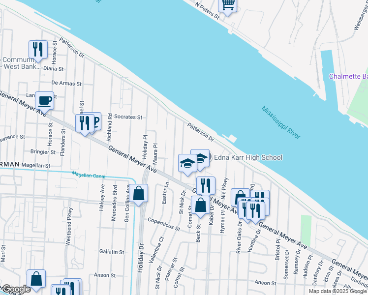 map of restaurants, bars, coffee shops, grocery stores, and more near 1587 Steeple Chase Lane in New Orleans
