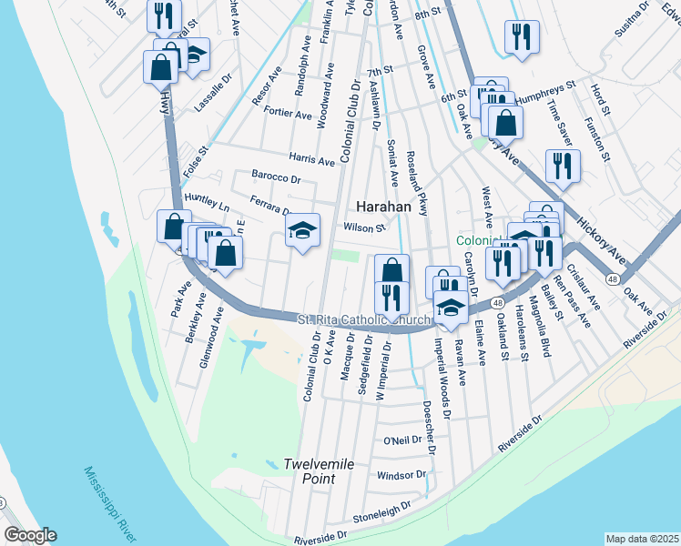 map of restaurants, bars, coffee shops, grocery stores, and more near 220 Penfold Place in Harahan