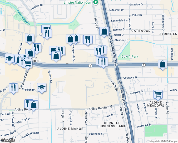 map of restaurants, bars, coffee shops, grocery stores, and more near 702 North Sam Houston Parkway East in Houston