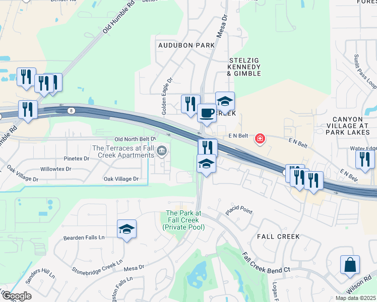 map of restaurants, bars, coffee shops, grocery stores, and more near 8000 North Sam Houston Parkway East in Humble