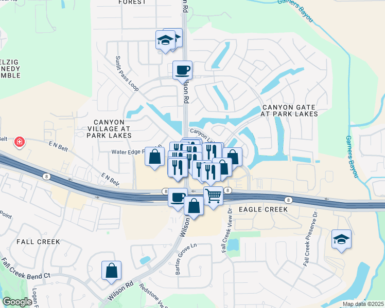 map of restaurants, bars, coffee shops, grocery stores, and more near 4787 Wilson Road in Humble