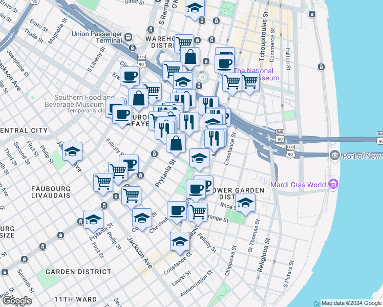 map of restaurants, bars, coffee shops, grocery stores, and more near 2874 Prytania Street in New Orleans