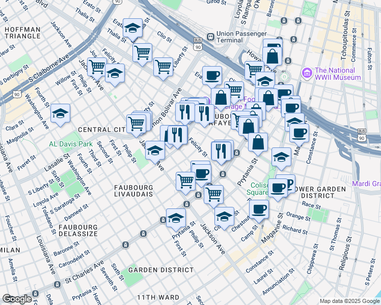map of restaurants, bars, coffee shops, grocery stores, and more near 1820 Oretha Castle Haley Boulevard in New Orleans