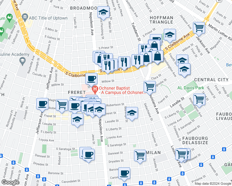 map of restaurants, bars, coffee shops, grocery stores, and more near 4139 Clara Street in New Orleans