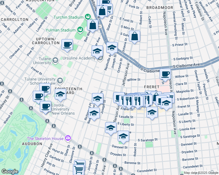 map of restaurants, bars, coffee shops, grocery stores, and more near 2509 Joseph Street in New Orleans